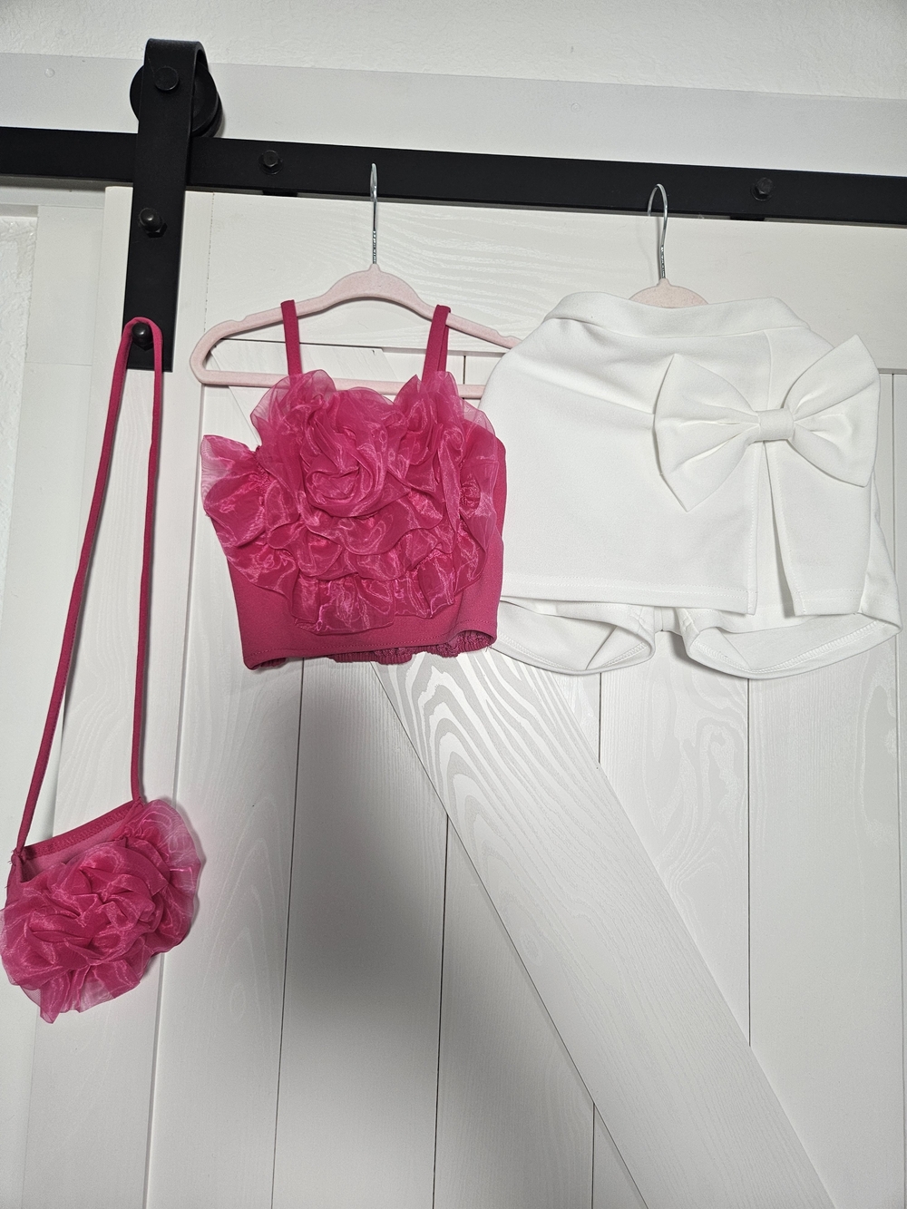 SHEIN Hot Pink Floral Ruffle Crop Top with Matching Purse & White Bow Shorts Set